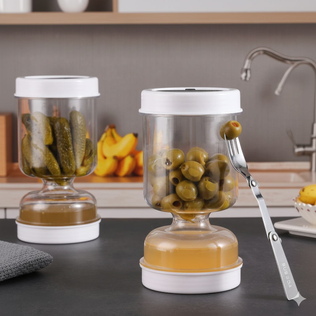 Frasco para encurtidos y aceitunas BrineLift: recipiente hermético con colador 