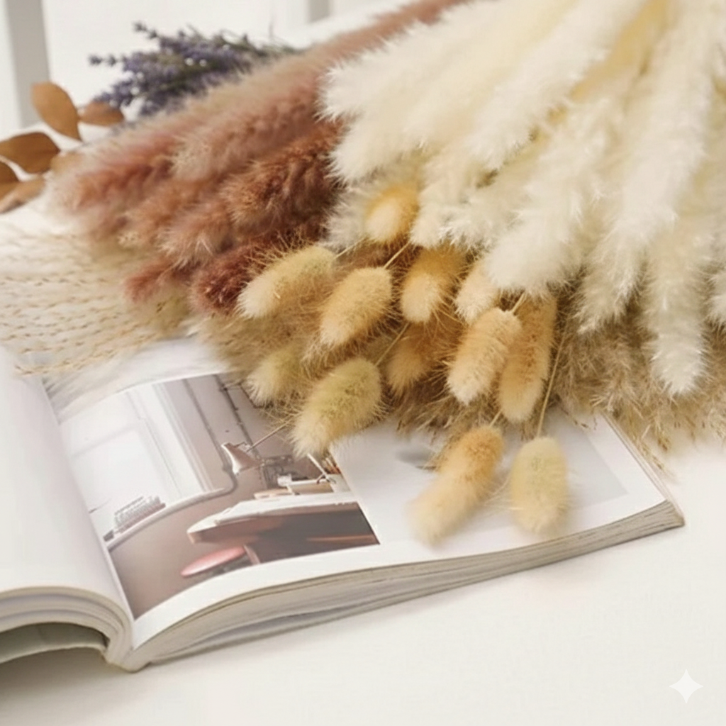 Ramo de flores secas de pampas naturales y colas de conejo – Decoración bohemia